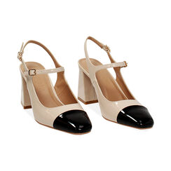 D&eacute;collet&eacute; slingback donna beige-nere in vernice, tacco largo 7,5 cm, Primadonna, 254943780VEBENE035, 003 preview