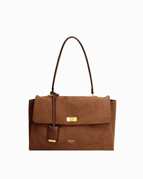 Bolso de hombro camel con detalles dorados, CAMEL