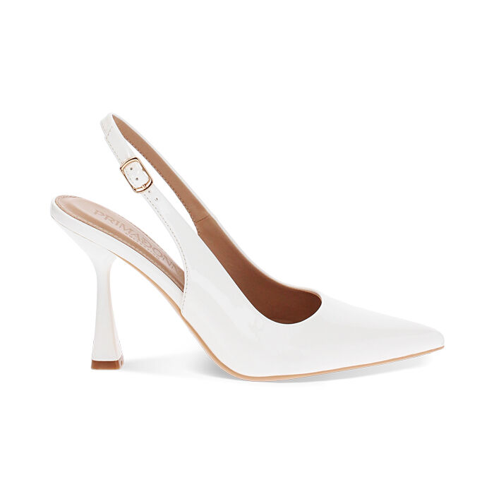 Décolleté slingback donna bianche in vernice, tacco 7,5 cm, Primadonna, 254912902VEBIAN035