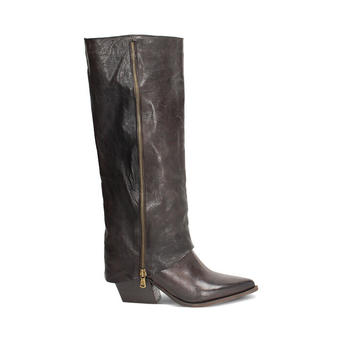 Stivali texani in vera pelle testa di moro con zip laterale ottone, Primadonna, 268038003PAMORO036
