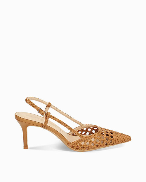 D&eacute;collet&eacute; slingback donna cognac con intreccio, tacco 7 cm, COGNAC