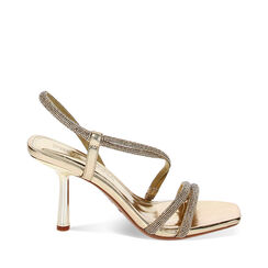 Sandalias con tacón dorado en laminado y piedras, Primadonna, 232102302LPOROG038, 001a