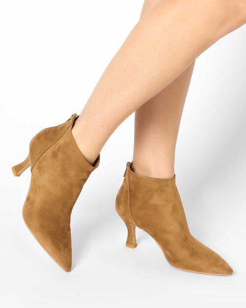 Tronchetti donna cognac in microfibra, tacco 7 cm, COGNAC
