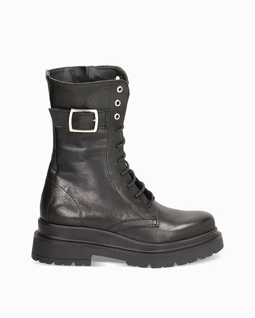 Anfibi in pelle lavata neri con fibbia sul gambale, BLACK