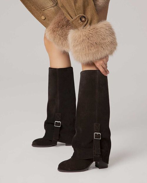Stivali testa di moro con fibbia tacco 7,5 cm, DK BROWN