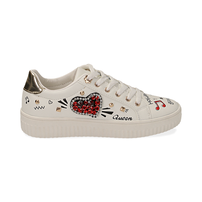 Sneakers Bianche In Eco Pelle Con Pietre E Stampe Cartoon