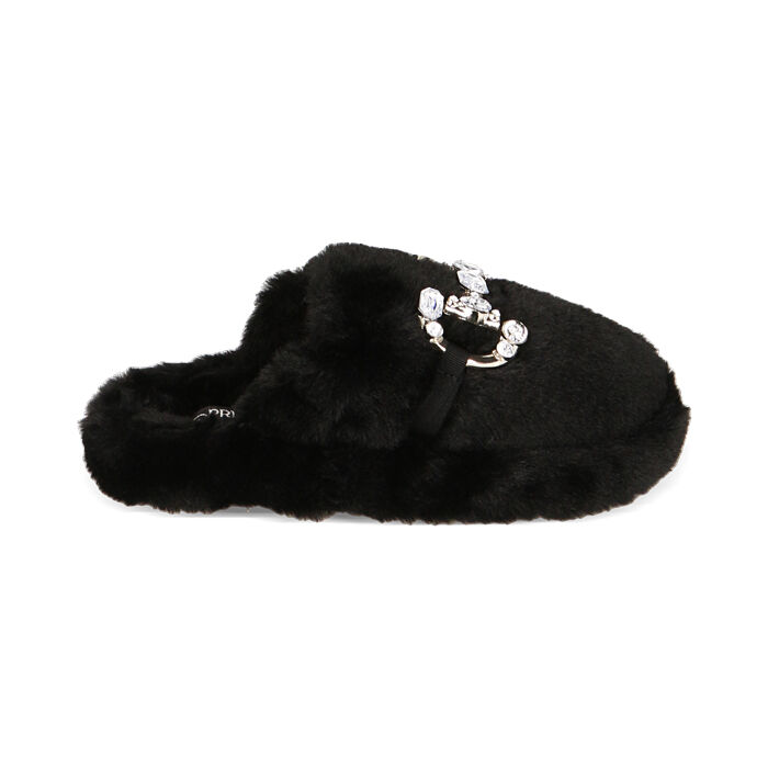 Pantofole nere fluffy con cristalli, Primadonna, 224702312FUNERO035