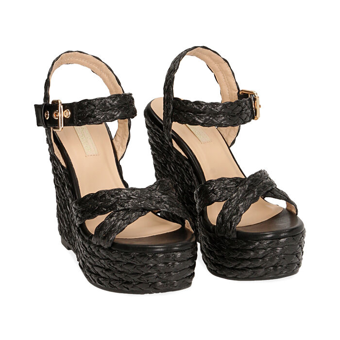 Sandalias de rafia negra, cuña 12 cm | Colección Primadonna Collection