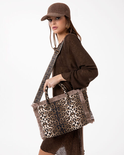 Borsa a mano leopard-nero con tracolla removibile, MULTI COLOR