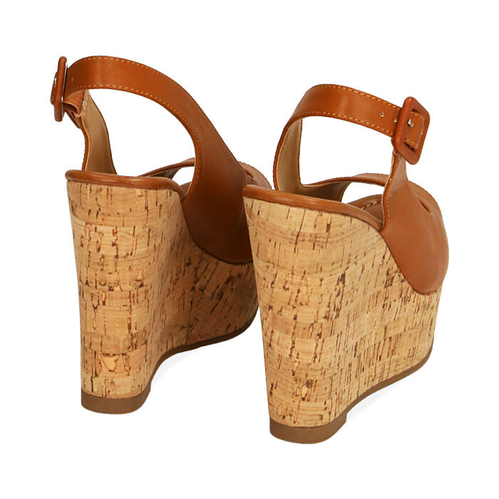 Sandalias mujer coñac destalonadas, cuña 12 cm | Primadonna Collection