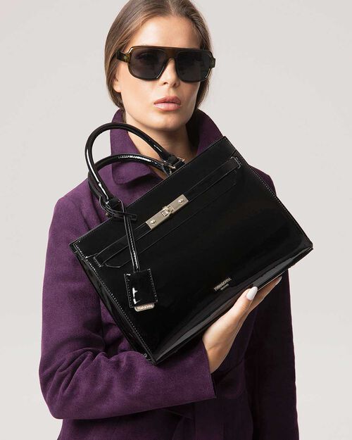 Bolso de mano negro charol con bandolera removible, BLACK