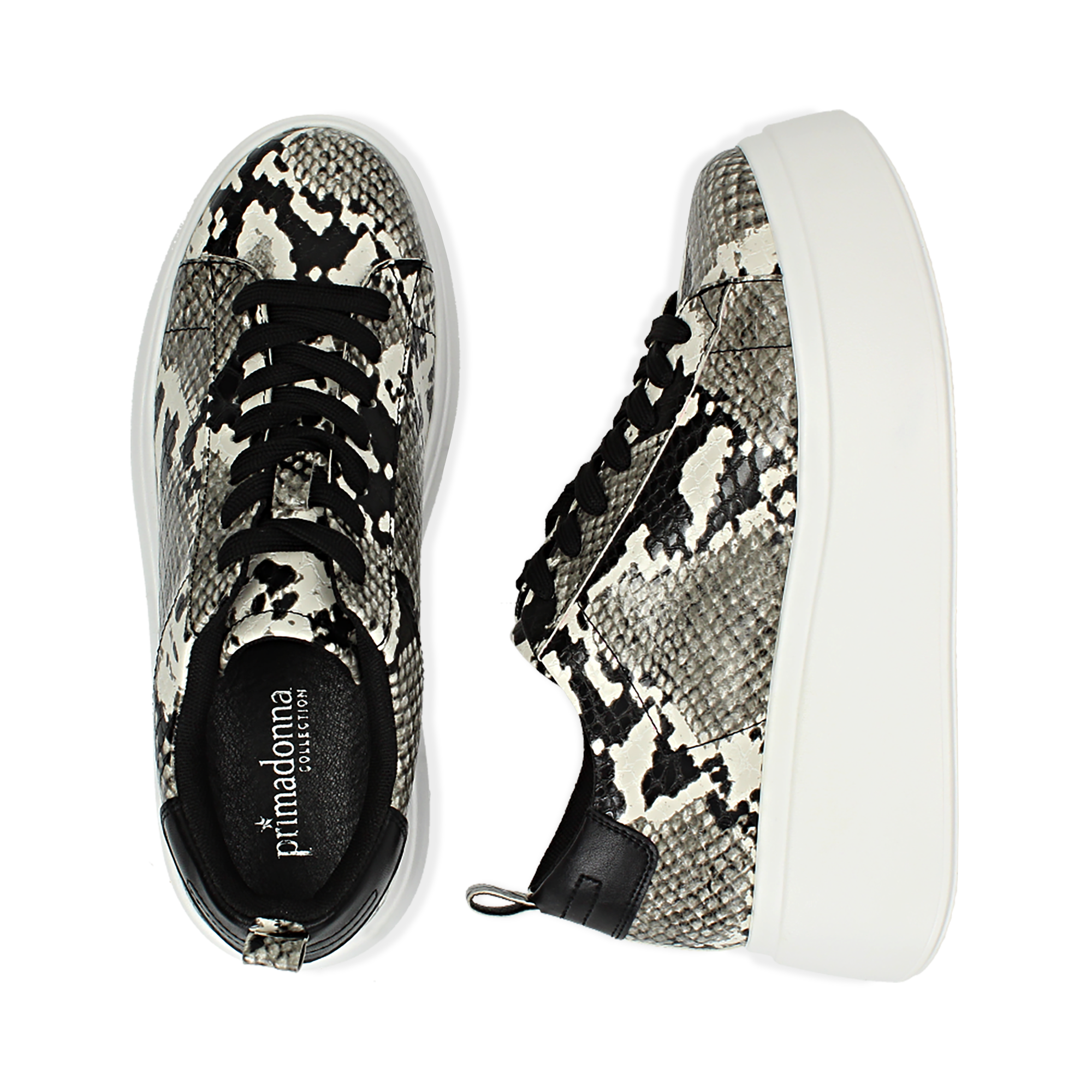 Sneakers bianco/nere stampa pitone, zeppa 6,50 cm | Primadonna Collection