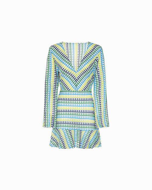 Vestito multicolor blu effetto caleidoscopio, MULTICOLOR-BLUE