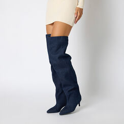Stivali sopra il ginocchio in tessuto jeans con tacco kitten, Primadonna, 263006901TSJESC036, 002a