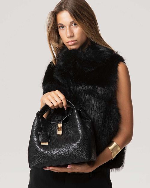 Black mini bag with lock detail, BLACK