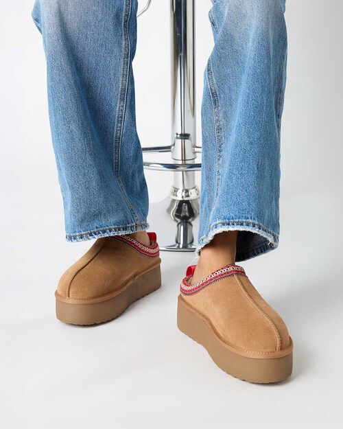 Pantoufles en daim camel avec talon de 4,5 cm, CAMEL