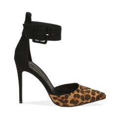 D&eacute;collet&eacute; leopard in microfibra con cinturino alla caviglia, tacco 11 cm , Scarpe, 142182591MFLEOP036, 001a
