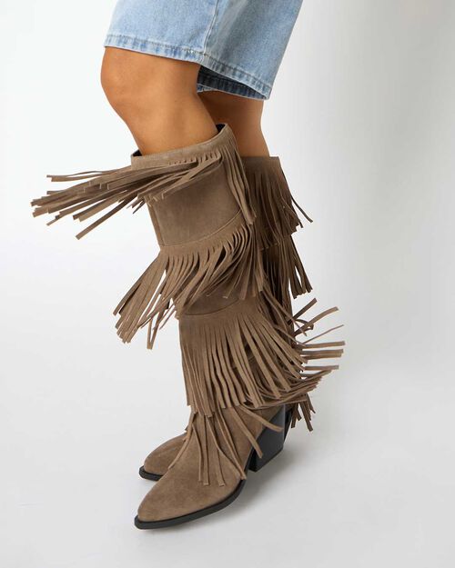 Stivali texani taupe in camoscio con frange, TAUPE
