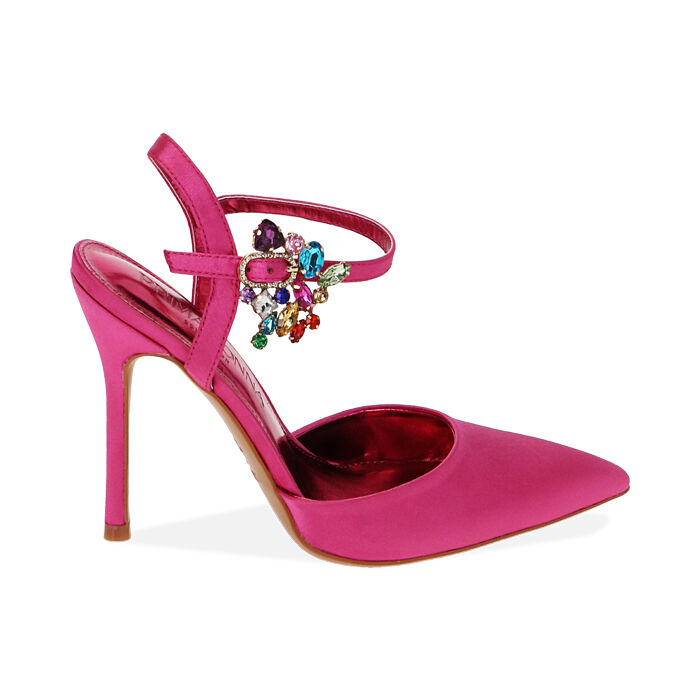 Décolleté slingback fucsia in raso, tacco 10,5 cm, Primadonna, 212186123RSFUCS036