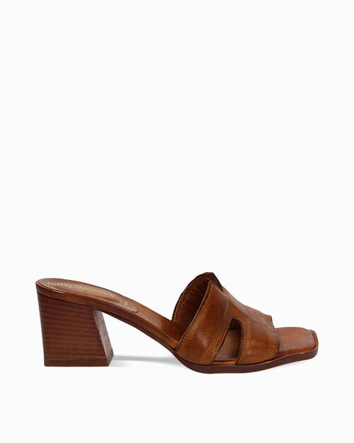 Mules open toe cognac in pelle tacco 7 cm, COGNAC