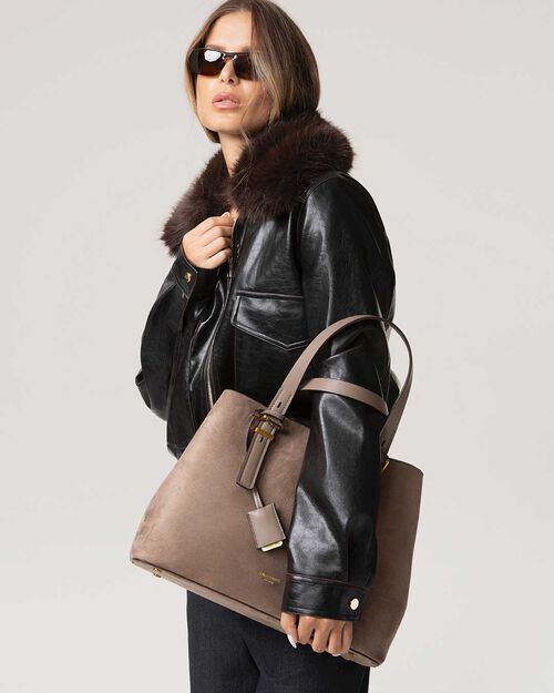 Borsa a mano taupe con dettagli dorati, TAUPE