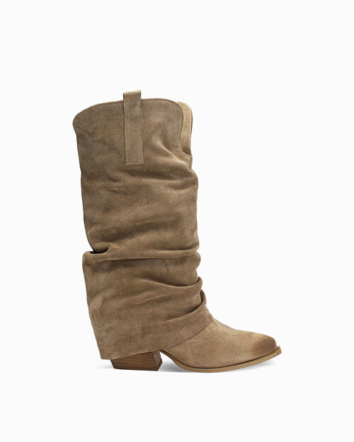 Stivali texani in camoscio taupe con tacco 6 cm, BEIGE