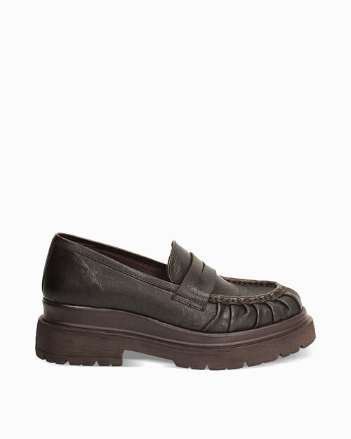 Dark brown washed leather loafer 5.5 cm heel, DK BROWN