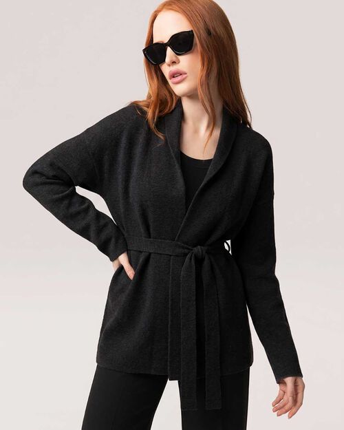 Cardigan noir avec ceinture &agrave; la taille, BLACK
