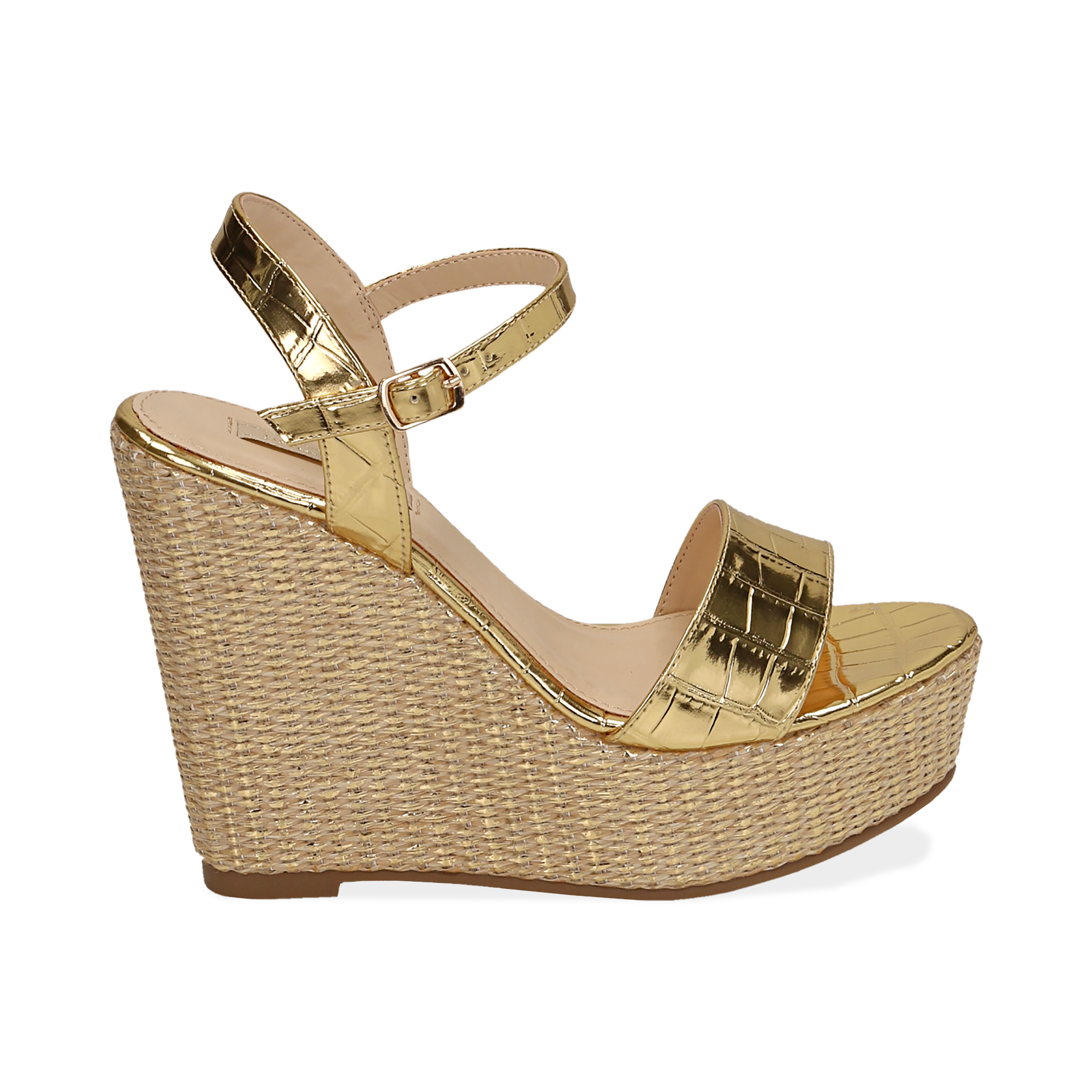 Sandali oro in eco-pelle cocco print, zeppa 12 cm | Primadonna Collection