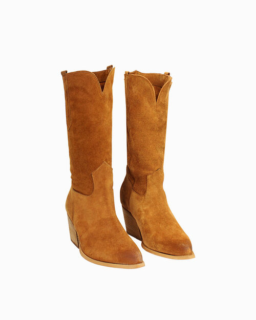 Stivali texani in camoscio cognac, COGNAC