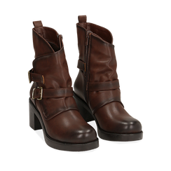Biker boots cuoio con fibbie in eco-pelle, tacco 7 cm , Scarpe, 143091353EPCUOI036, 002a
