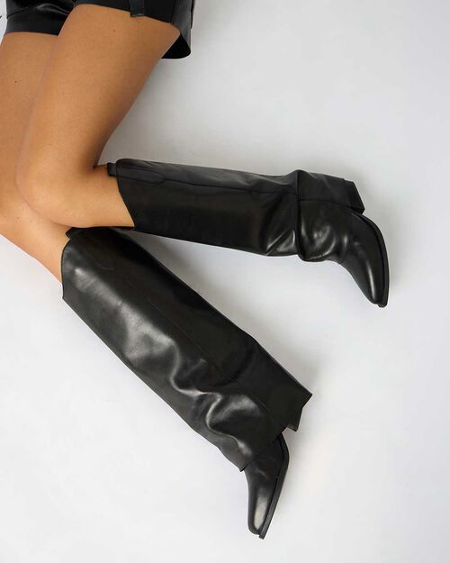 Stivali texani in pelle nera con tacco di 7,2 cm, BLACK