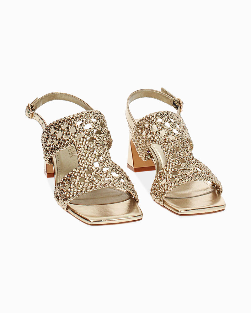 Sandalo donna oro intrecciato, tacco 5,5 cm image number null