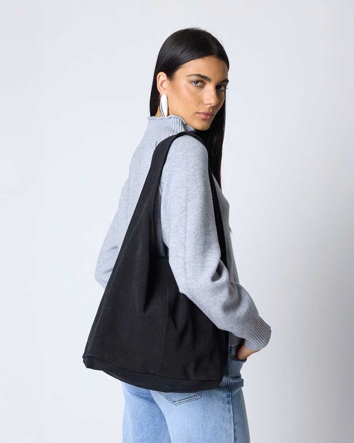 Borsa a spalla di camoscio nera, BLACK