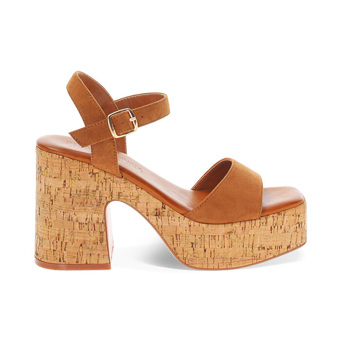 Sandali con plateau donna cognac in microfibra, Primadonna, 254990703MFCOGN040