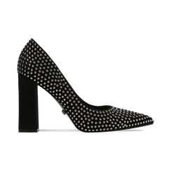 Décolleté nere con microborchie sferiche, tacco quadrato 9,5 cm,