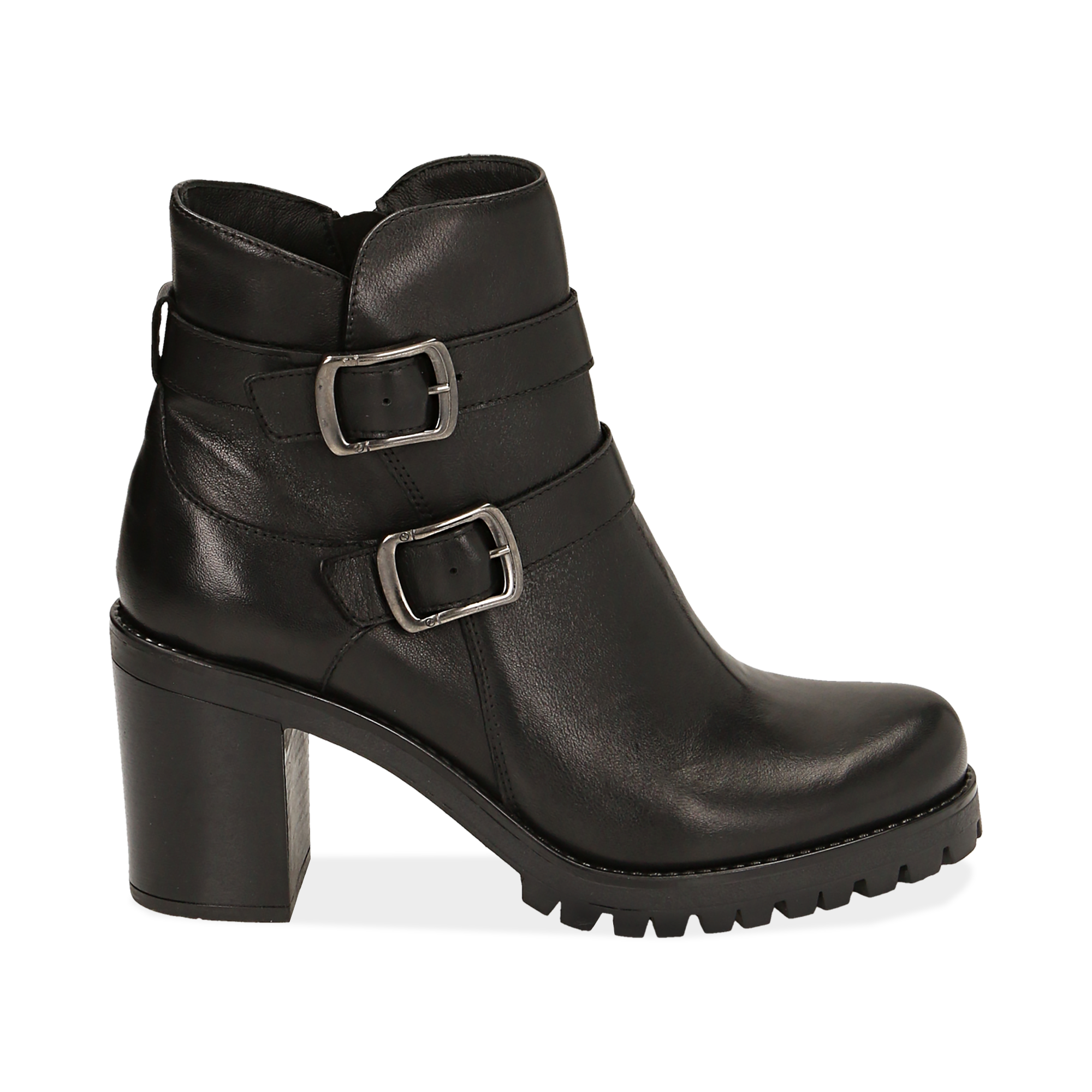 Bikers neri in pelle con fibbie, tacco 8,50 cm | Primadonna Collection