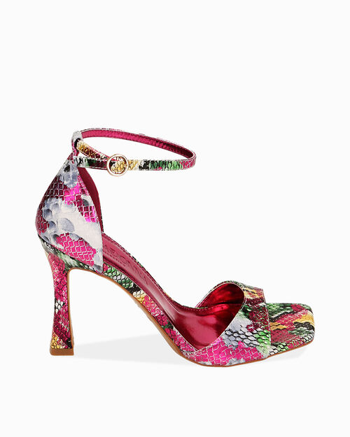 D&eacute;collet&eacute; open toe stampa pitone, tacco 9,5 cm, FUCHSIA