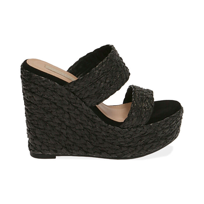 Sandalias de rafia negra, cuña 12,5 cm | Primadonna Collection