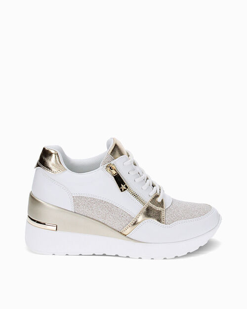Sneakers bianco/oro, zeppa 7 cm, MULTI COLOR