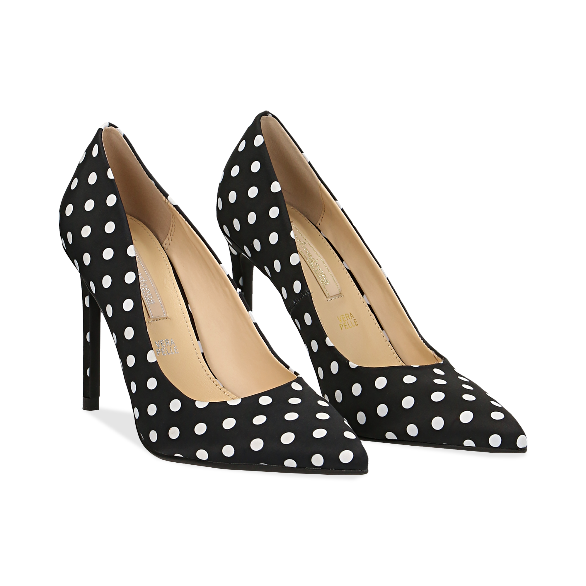 Décolleté nere in raso a pois bianchi, tacco 10,5 cm | Primadonna Collection