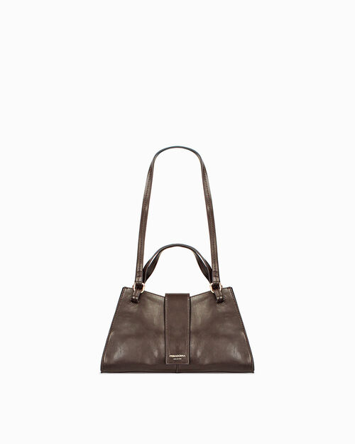 Bolso de mano marr&oacute;n oscuro con detalles dorados, DK BROWN