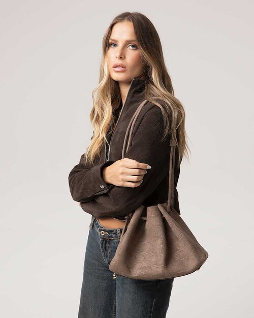 Bolso de hombro taupe con textura coco, TAUPE