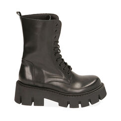 Botas militares de cuero negro, tacón de 5,5 cm., Primadonna, 20A512040PENERO035, 001a