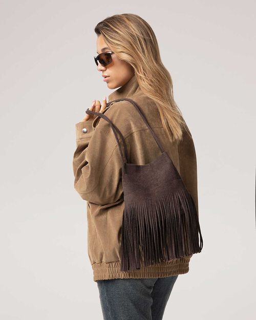 Mini bag marr&oacute;n oscuro con flecos, DK BROWN