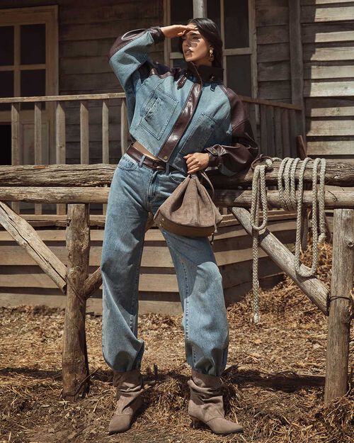 Jeans over con vita in ecopelle moro, JEANS
