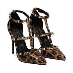D&eacute;collet&eacute; leopard in vernice con borchie, tacco 11 cm , Scarpe, 142125910VELEOP036, 002a