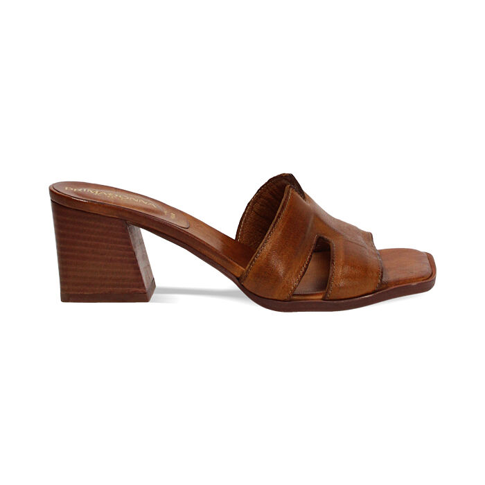 Mules open toe cognac in pelle tacco 7 cm, Primadonna, 277253416PECOGN035