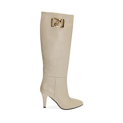Bottines en cuir crème, talon de 8,5 cm., Primadonna, 20A539000PEPANN036, 001a