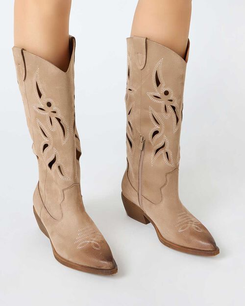 Stivali donna taupe in microfibra, 